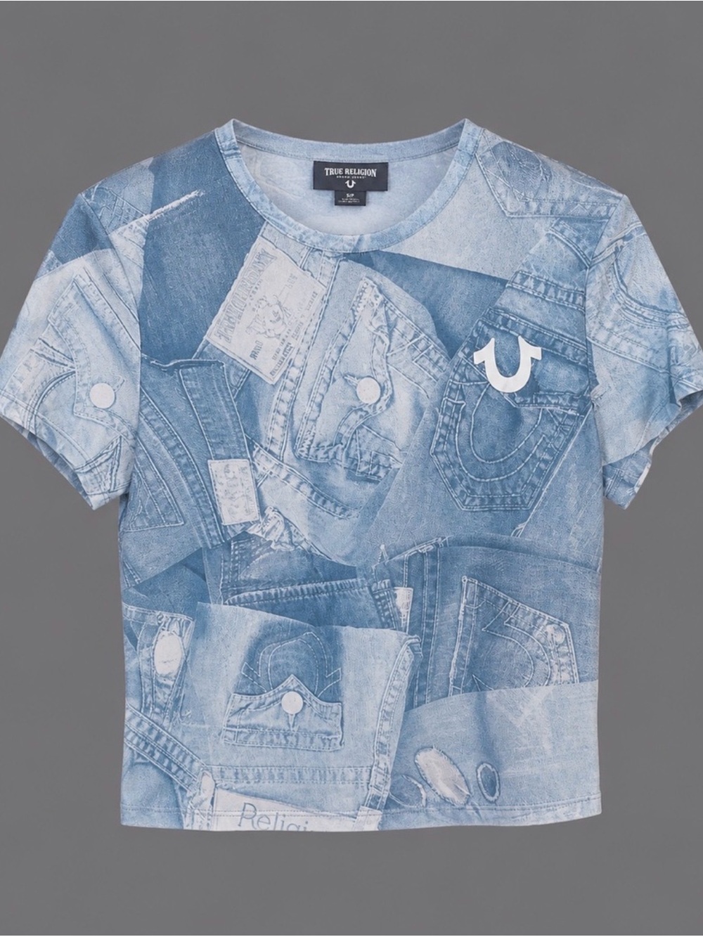 True Religion Light Blue mesh Denim Collage Short Sleeve Tee